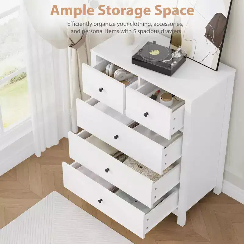 Commode à 5 tiroirs cannelés, commode moderne en grain de bois, avec tiroirs profonds