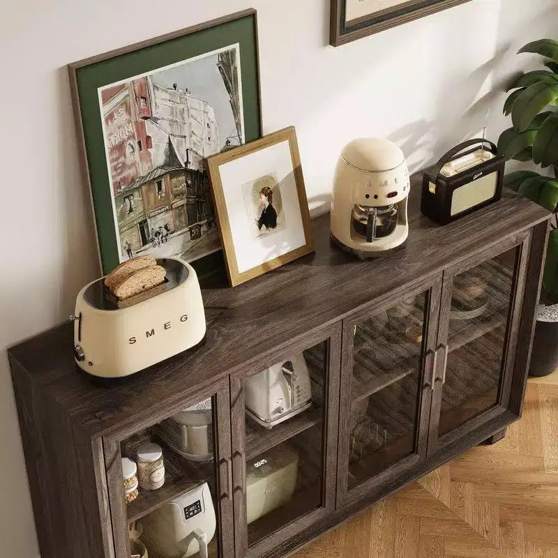 Placard de cuisine Famapy avec porte vitrée, buffet de cuisine, armoire de rangement multi-étagères pour l'organisation, pour salle à manger, marron/blanc