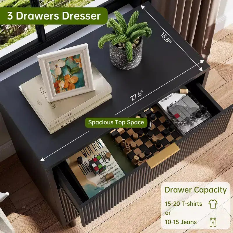 Wave Fluted 6 Drawer Dresser, Wide Wood Double Dresser with Metal Legs and Handles, Modern Chest of Drawers with Anti-Tipping Design