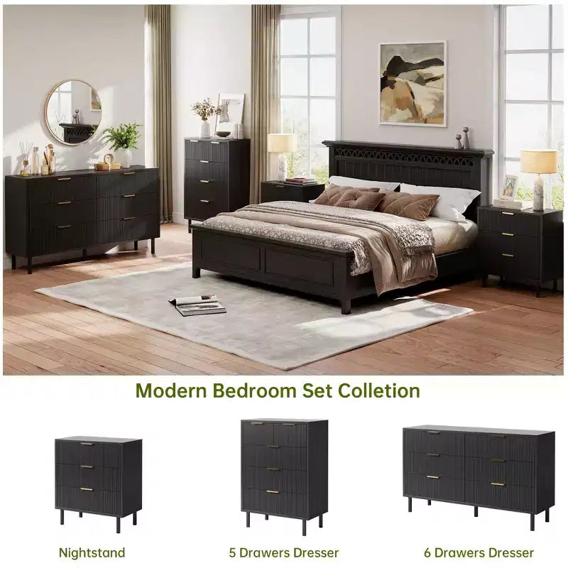 Wave Fluted 6 Drawer Dresser, Wide Wood Double Dresser with Metal Legs and Handles, Modern Chest of Drawers with Anti-Tipping Design