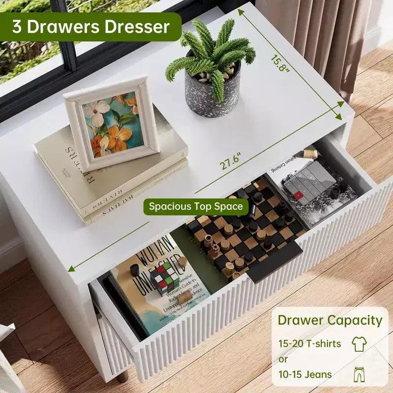 Wave Fluted 6 Drawer Dresser, Wide Wood Double Dresser with Metal Legs and Handles, Modern Chest of Drawers with Anti-Tipping Design