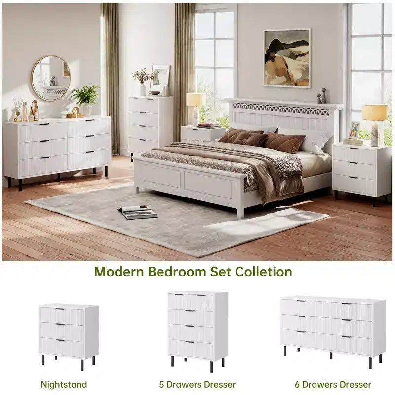 Wave Fluted 6 Drawer Dresser, Wide Wood Double Dresser with Metal Legs and Handles, Modern Chest of Drawers with Anti-Tipping Design