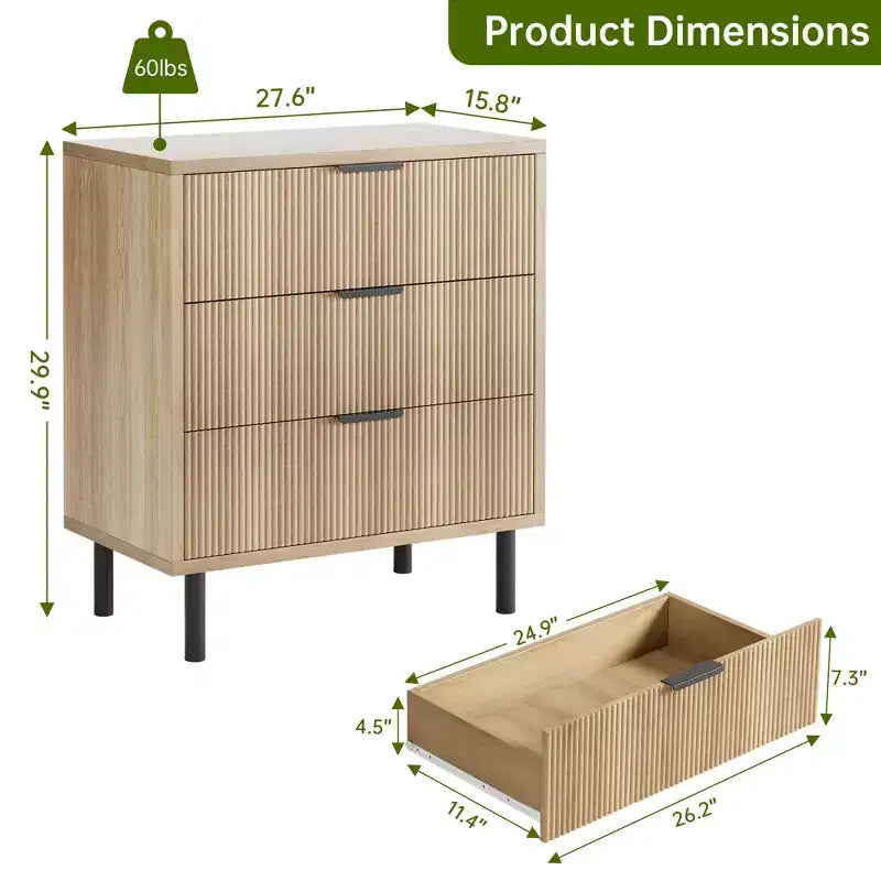 Wave Fluted 6 Drawer Dresser, Wide Wood Double Dresser with Metal Legs and Handles, Modern Chest of Drawers with Anti-Tipping Design
