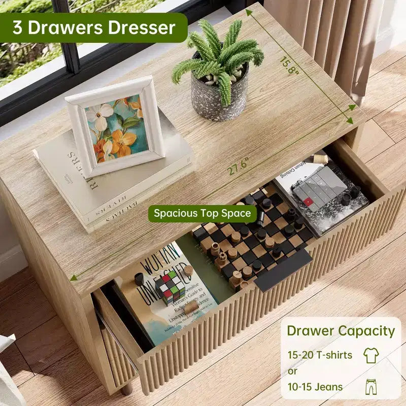Wave Fluted 6 Drawer Dresser, Wide Wood Double Dresser with Metal Legs and Handles, Modern Chest of Drawers with Anti-Tipping Design