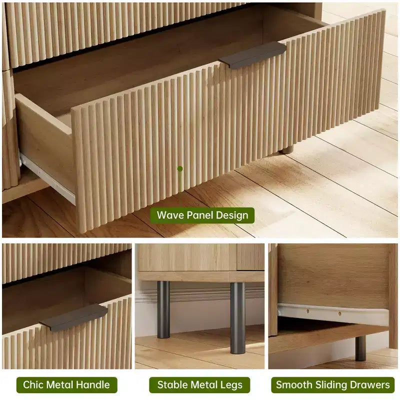 Wave Fluted 6 Drawer Dresser, Wide Wood Double Dresser with Metal Legs and Handles, Modern Chest of Drawers with Anti-Tipping Design