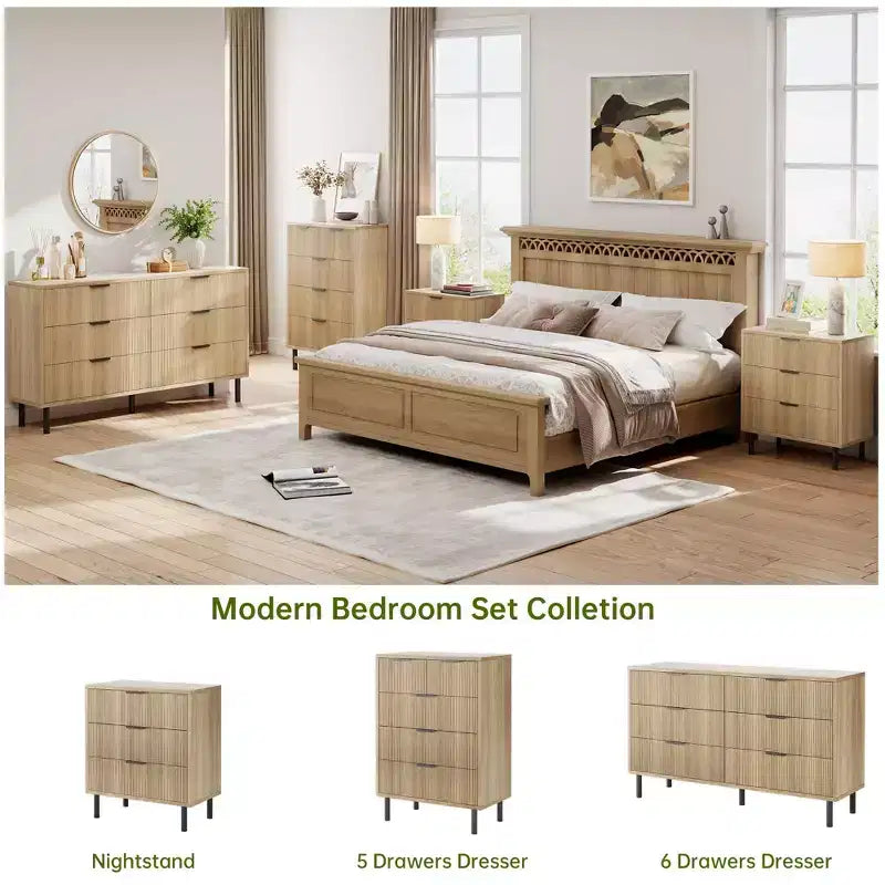 Wave Fluted 6 Drawer Dresser, Wide Wood Double Dresser with Metal Legs and Handles, Modern Chest of Drawers with Anti-Tipping Design