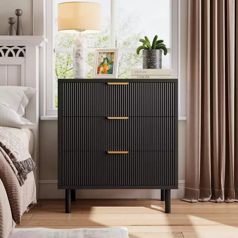 Wave Fluted 6 Drawer Dresser, Wide Wood Double Dresser with Metal Legs and Handles, Modern Chest of Drawers with Anti-Tipping Design