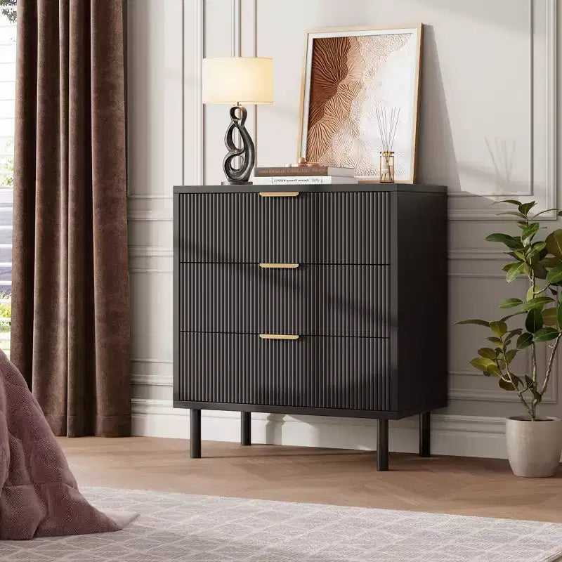 Wave Fluted 6 Drawer Dresser, Wide Wood Double Dresser with Metal Legs and Handles, Modern Chest of Drawers with Anti-Tipping Design
