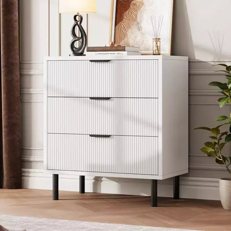 Wave Fluted 6 Drawer Dresser, Wide Wood Double Dresser with Metal Legs and Handles, Modern Chest of Drawers with Anti-Tipping Design
