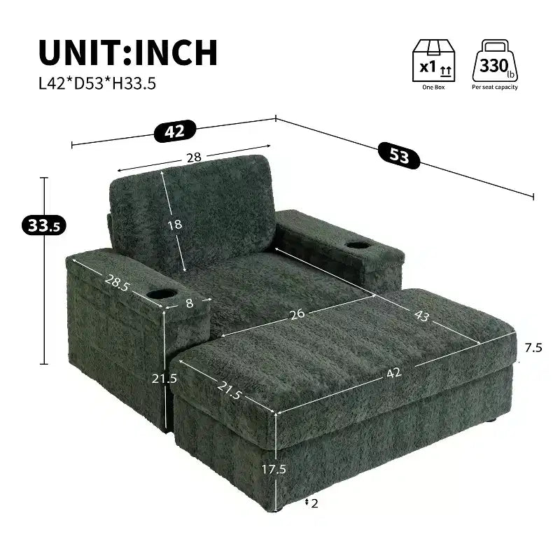GDFStudio David 42 Méridienne inclinable d'intérieur avec pouf de rangement
