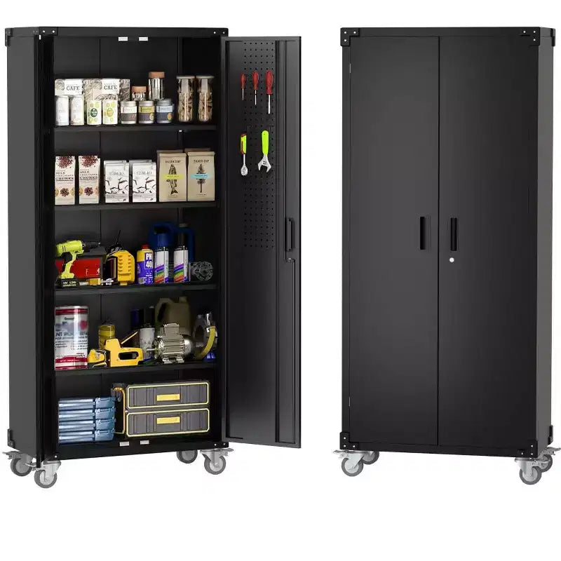 Metal Storage Cabinet with Wheels, Steel Tool Cabinet with Pegboard and Adjustable Shelves