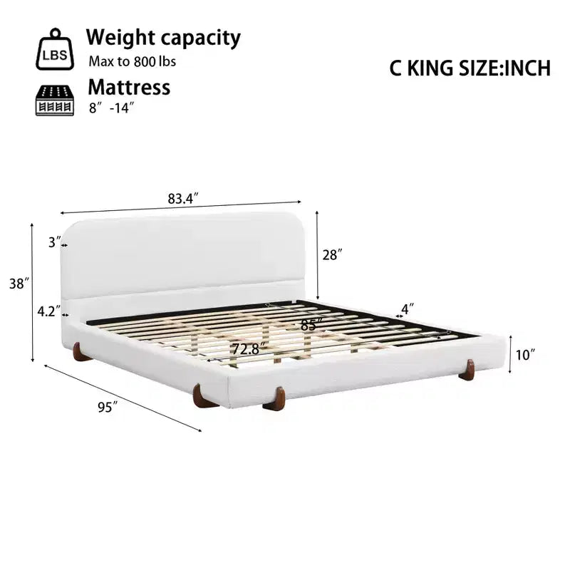 Cadre de lit rembourré California King, lit plateforme élégant en tissu chenille avec pieds en bois d'hévéa massif - ModernLuxe
