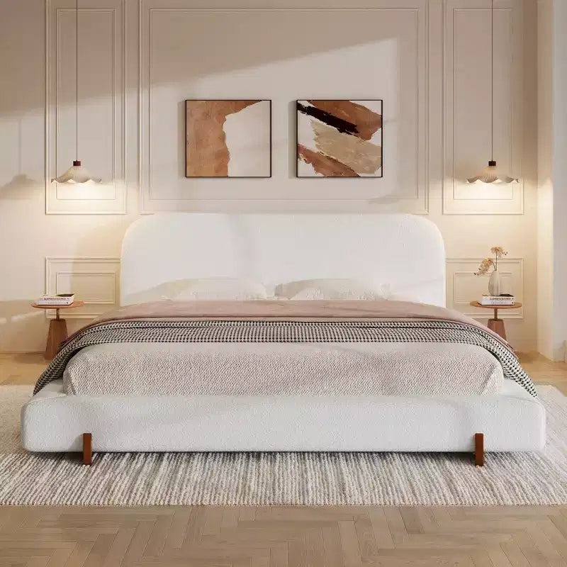Cadre de lit rembourré California King, lit plateforme élégant en tissu chenille avec pieds en bois d'hévéa massif - ModernLuxe