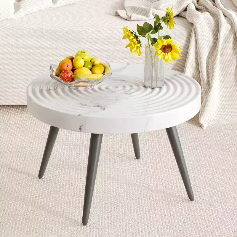 Okak Mid Century Small Round Wooden Carved Coffee Table with Black Legs,Modern Tea table Center Table for Living Room,Bedroom