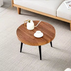 Okak Mid Century Small Round Wooden Carved Coffee Table with Black Legs,Modern Tea table Center Table for Living Room,Bedroom