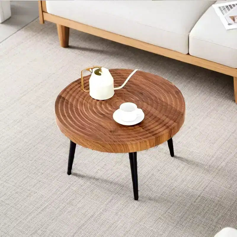 Okak Mid Century Small Round Wooden Carved Coffee Table with Black Legs,Modern Tea table Center Table for Living Room,Bedroom