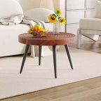Okak Mid Century Small Round Wooden Carved Coffee Table with Black Legs,Modern Tea table Center Table for Living Room,Bedroom