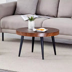 Okak Mid Century Small Round Wooden Carved Coffee Table with Black Legs,Modern Tea table Center Table for Living Room,Bedroom