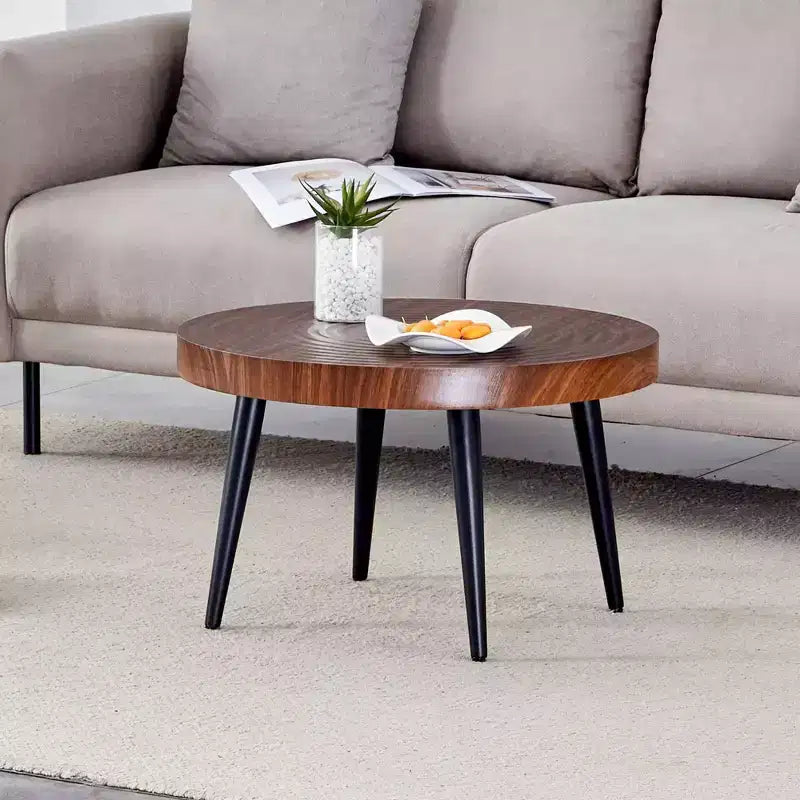 Okak Mid Century Small Round Wooden Carved Coffee Table with Black Legs,Modern Tea table Center Table for Living Room,Bedroom
