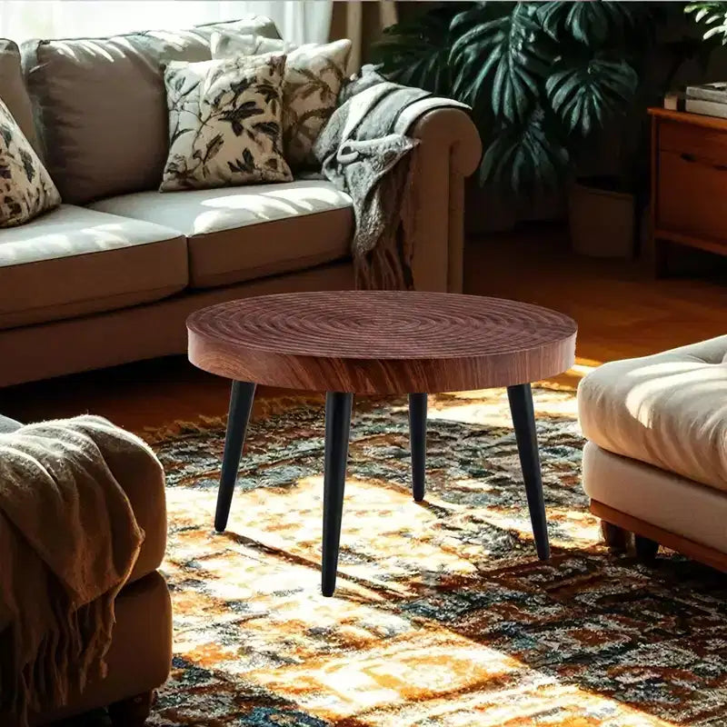 Okak Mid Century Small Round Wooden Carved Coffee Table with Black Legs,Modern Tea table Center Table for Living Room,Bedroom