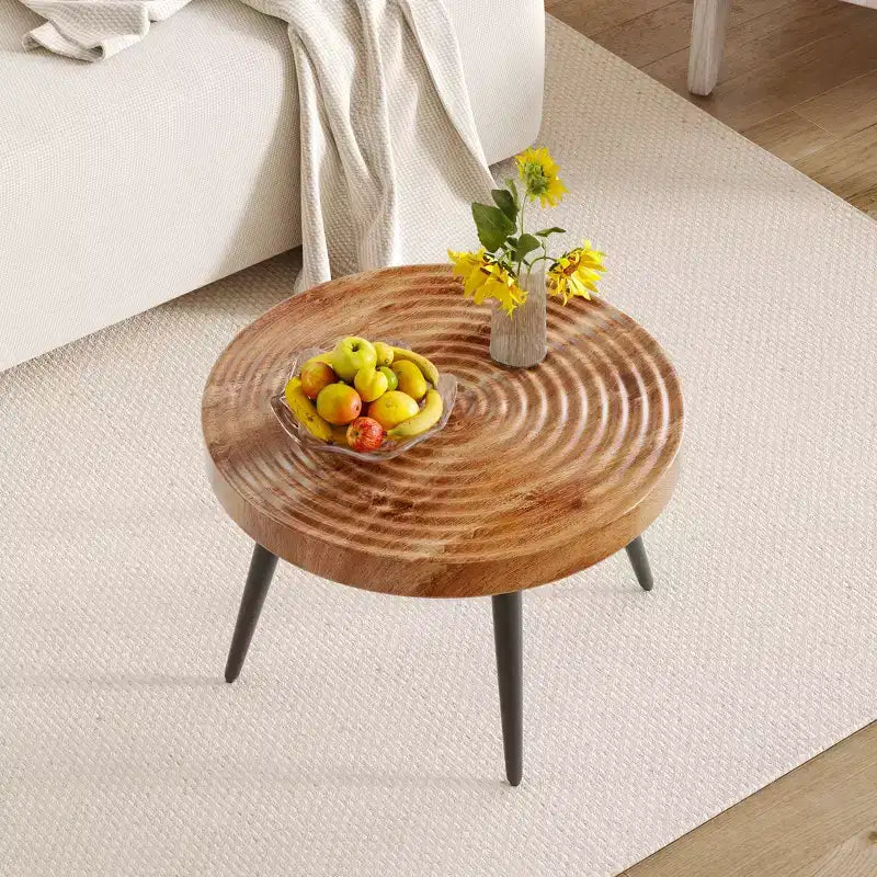 Okak Mid Century Small Round Wooden Carved Coffee Table with Black Legs,Modern Tea table Center Table for Living Room,Bedroom