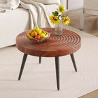 Okak Mid Century Small Round Wooden Carved Coffee Table with Black Legs,Modern Tea table Center Table for Living Room,Bedroom