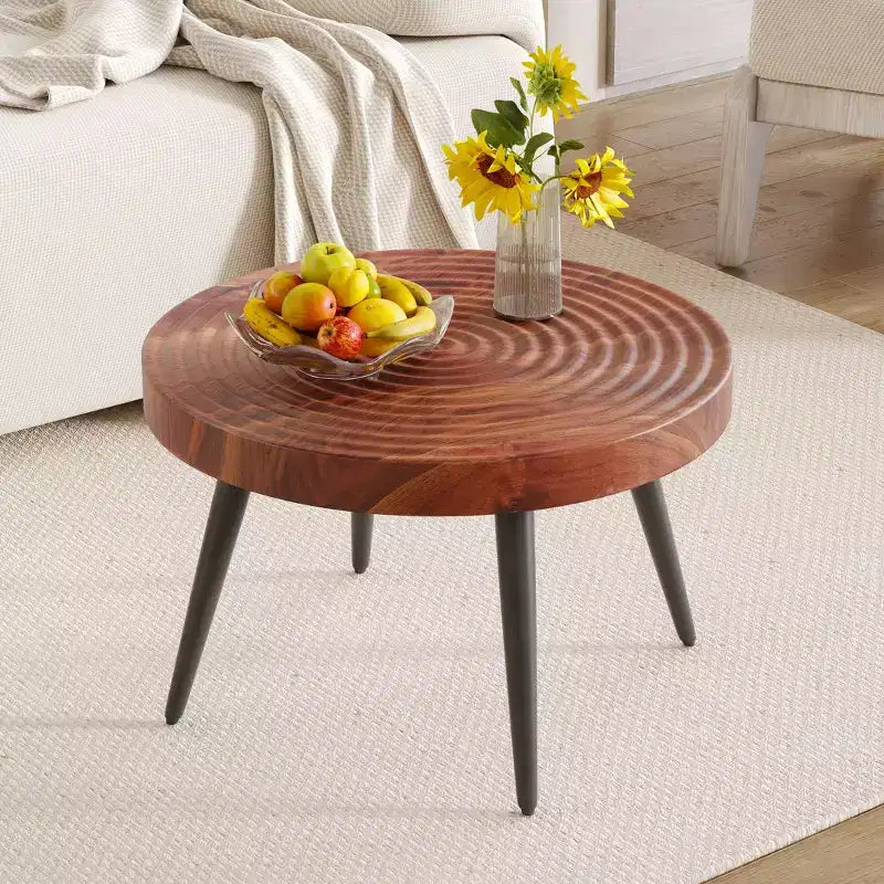 Okak Mid Century Small Round Wooden Carved Coffee Table with Black Legs,Modern Tea table Center Table for Living Room,Bedroom