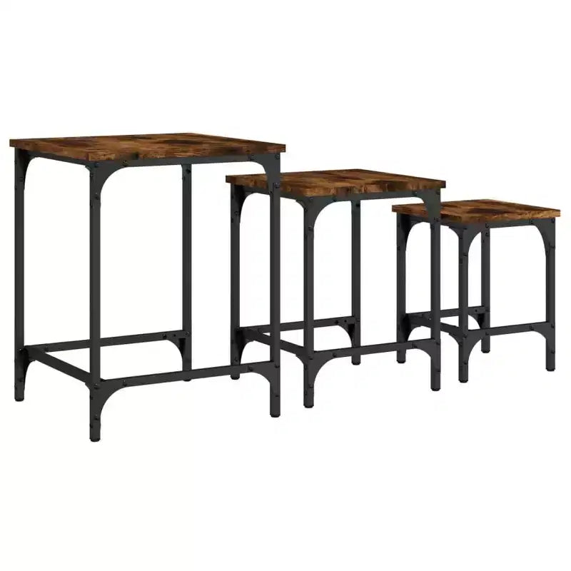 vidaXL 3-Piece Nesting Coffee/Side Table Set - Smoked Oak Engineered Wood with Metal Frame for Living Room, Bedroom, Office