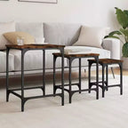 vidaXL Lot de 3 tables basses gigognes – Bois d'ingénierie chêne fumé avec cadre en métal pour salon, chambre, bureau