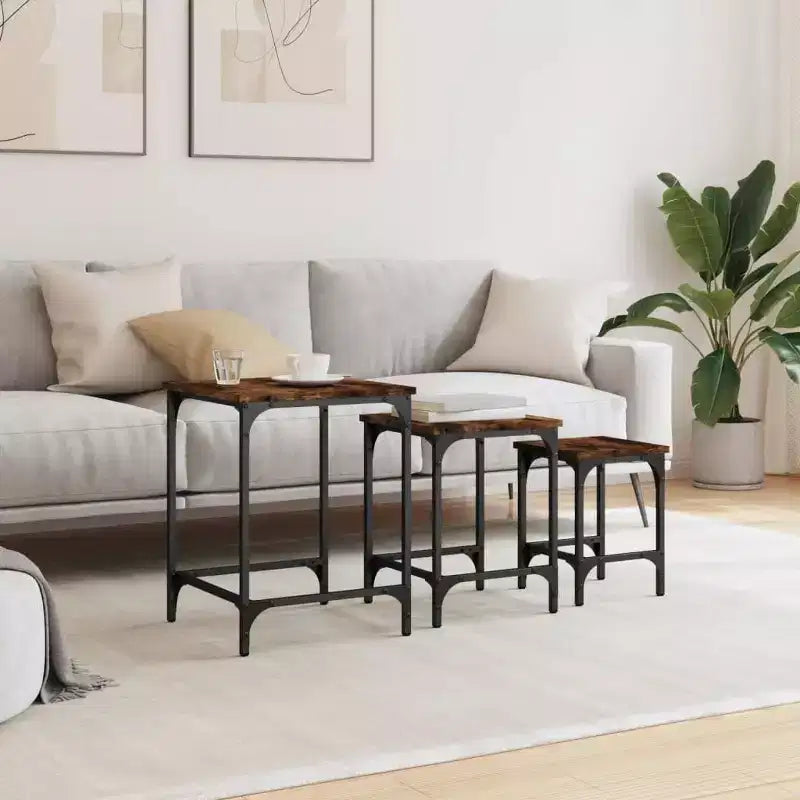 vidaXL Lot de 3 tables basses gigognes – Bois d'ingénierie chêne fumé avec cadre en métal pour salon, chambre, bureau