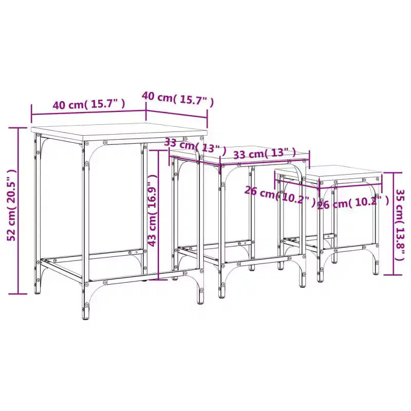 vidaXL Lot de 3 tables basses gigognes – Bois d'ingénierie chêne fumé avec cadre en métal pour salon, chambre, bureau
