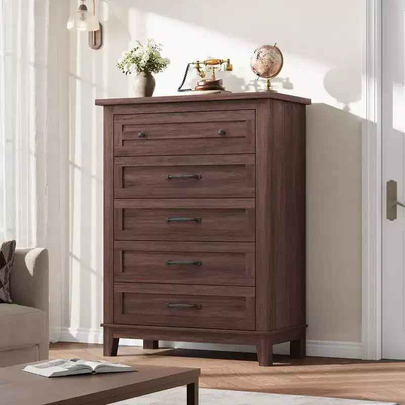 Commode à 5 tiroirs pour chambre à coucher, armoire en bois autoportante pour chambre à coucher, salon, commode verticale haute avec grand rangement,