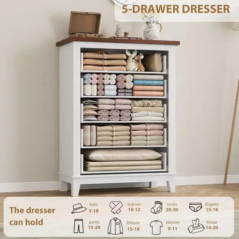 Commode à 5 tiroirs pour chambre à coucher, armoire en bois autoportante pour chambre à coucher, salon, commode verticale haute avec grand rangement,