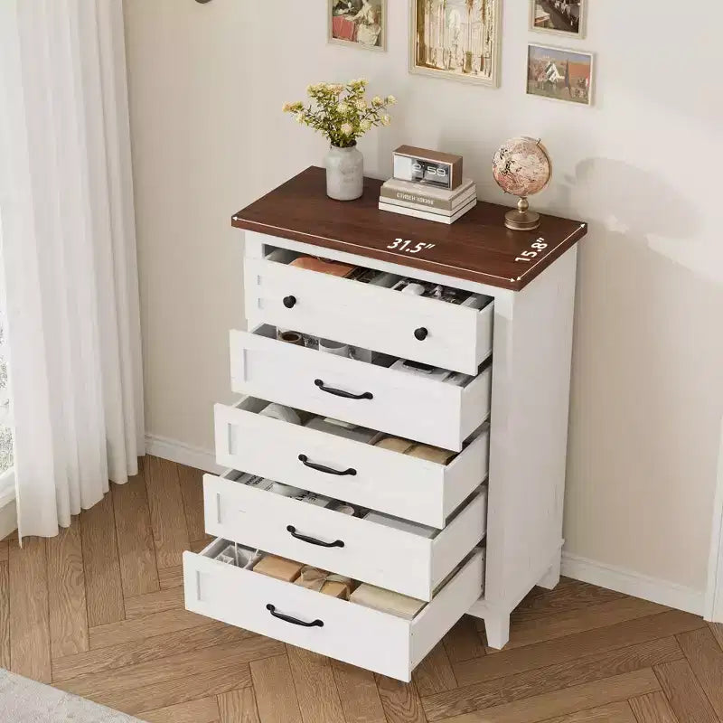 Commode à 5 tiroirs pour chambre à coucher, armoire en bois autoportante pour chambre à coucher, salon, commode verticale haute avec grand rangement,