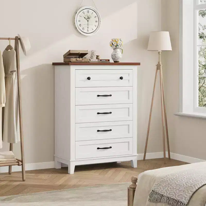 Commode à 5 tiroirs pour chambre à coucher, armoire en bois autoportante pour chambre à coucher, salon, commode verticale haute avec grand rangement,