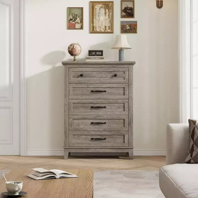Commode à 5 tiroirs pour chambre à coucher, armoire en bois autoportante pour chambre à coucher, salon, commode verticale haute avec grand rangement,