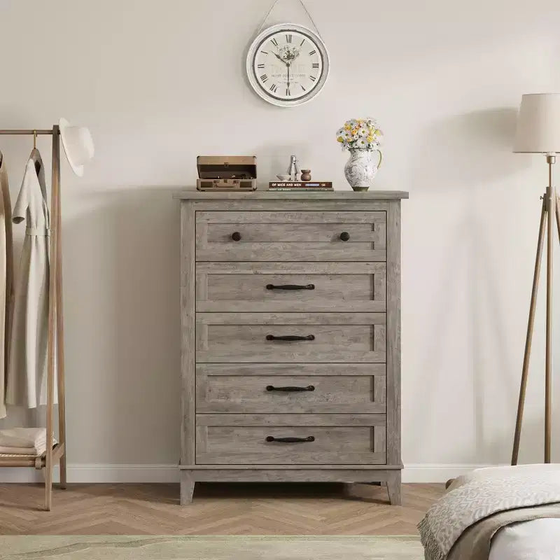 Commode à 5 tiroirs pour chambre à coucher, armoire en bois autoportante pour chambre à coucher, salon, commode verticale haute avec grand rangement,
