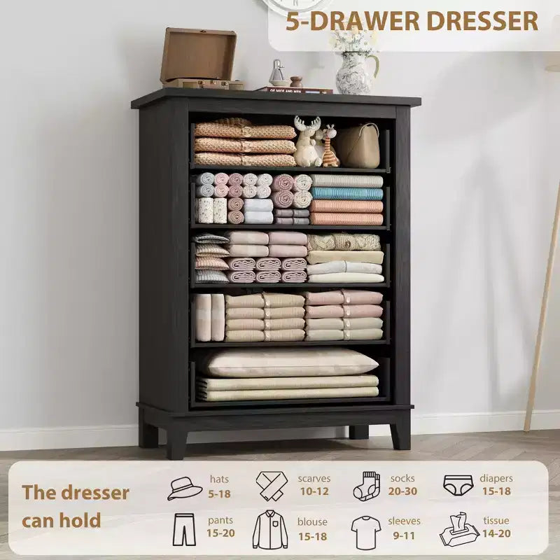 Commode à 5 tiroirs pour chambre à coucher, armoire en bois autoportante pour chambre à coucher, salon, commode verticale haute avec grand rangement,