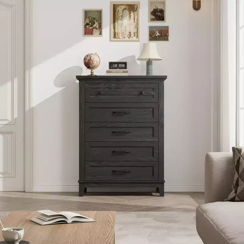 Commode à 5 tiroirs pour chambre à coucher, armoire en bois autoportante pour chambre à coucher, salon, commode verticale haute avec grand rangement,