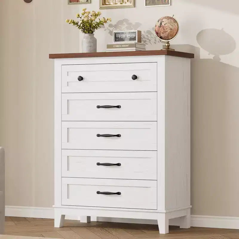 Commode à 5 tiroirs pour chambre à coucher, armoire en bois autoportante pour chambre à coucher, salon, commode verticale haute avec grand rangement,