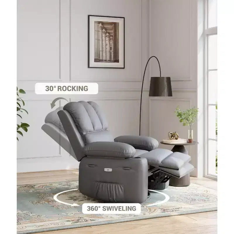 Fauteuil inclinable électrique 360° surdimensionné, pivotant et berçant, avec fonction chauffante et massante (similicuir, pour salon/chambre/crèche)