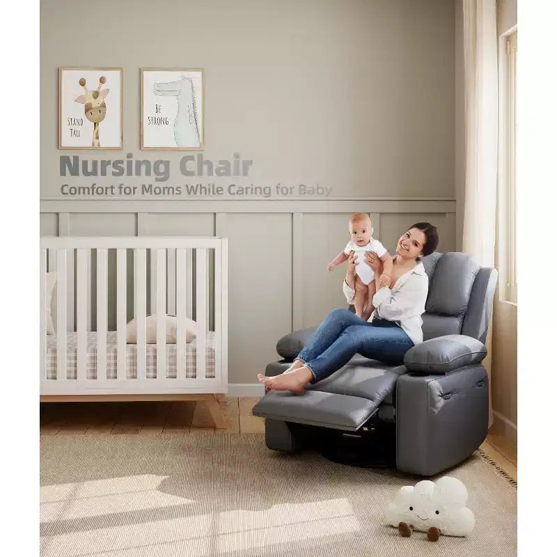 Fauteuil inclinable électrique 360° surdimensionné, pivotant et berçant, avec fonction chauffante et massante (similicuir, pour salon/chambre/crèche)