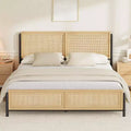 Boho Style Full/Queen/King Size Bed Frame with Rattan Headboard and Footboard, 14 Metal Platform, Wood Grain, Quiet, No Box Spring Required