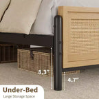 Cadre de lit Boho pour grand lit/très grand lit avec tête et pied de lit en rotin, 14 lattes métalliques, aspect bois, silencieux, pas besoin de sommier tapissier