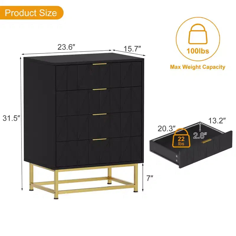 Commode à 4 tiroirs, Commodes et chiffonniers modernes pour chambre à coucher, Organiseur de commode en bois avec pieds en métal,