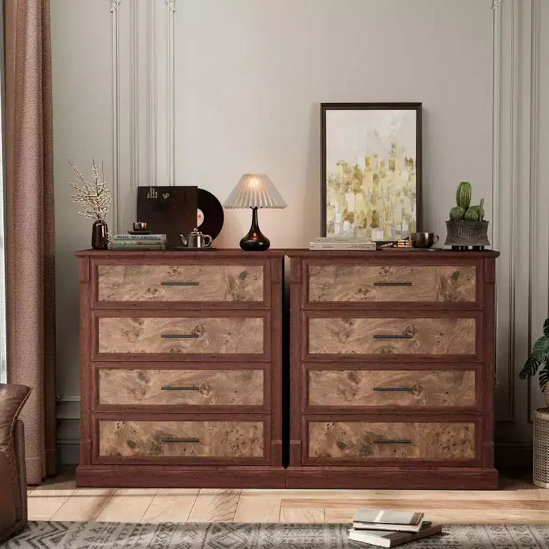 Commode haute à 4 tiroirs style rustique, commode en bois rustique avec poignées en métal, armoire de rangement pour chambre, salon, couloir