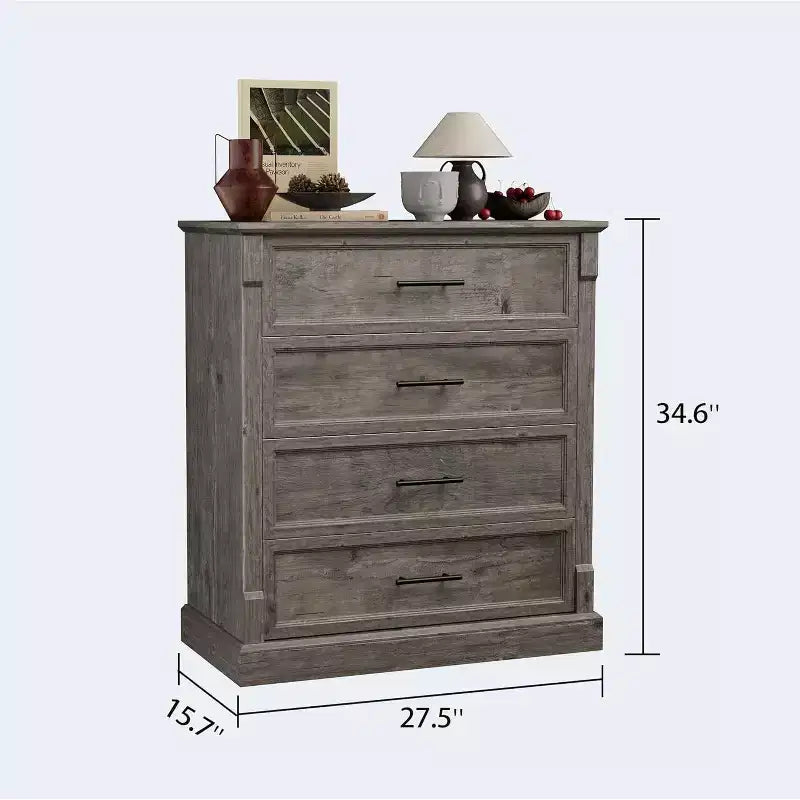 Commode haute à 4 tiroirs style rustique, commode en bois rustique avec poignées en métal, armoire de rangement pour chambre, salon, couloir