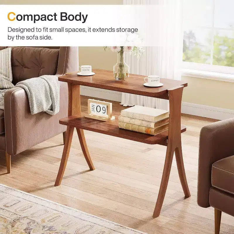 Lantine 2-Tier Narrow Side Table, End Table with Storage Shelf and Solid Wood Legs, for Bedroom, Small Spaces, Entryway
