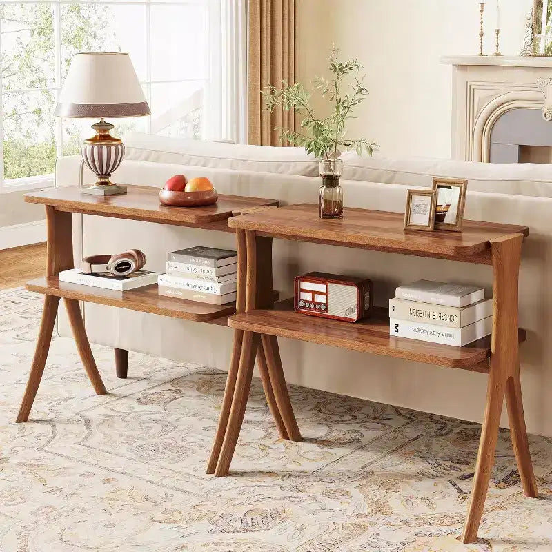 Lantine 2-Tier Narrow Side Table, End Table with Storage Shelf and Solid Wood Legs, for Bedroom, Small Spaces, Entryway