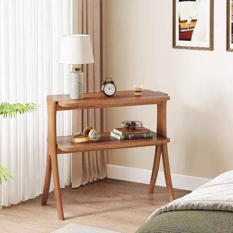 Lantine 2-Tier Narrow Side Table, End Table with Storage Shelf and Solid Wood Legs, for Bedroom, Small Spaces, Entryway